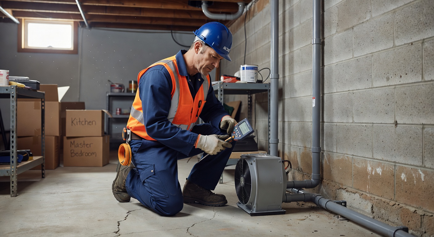 radon mitigation technician inspecting basement Ohio