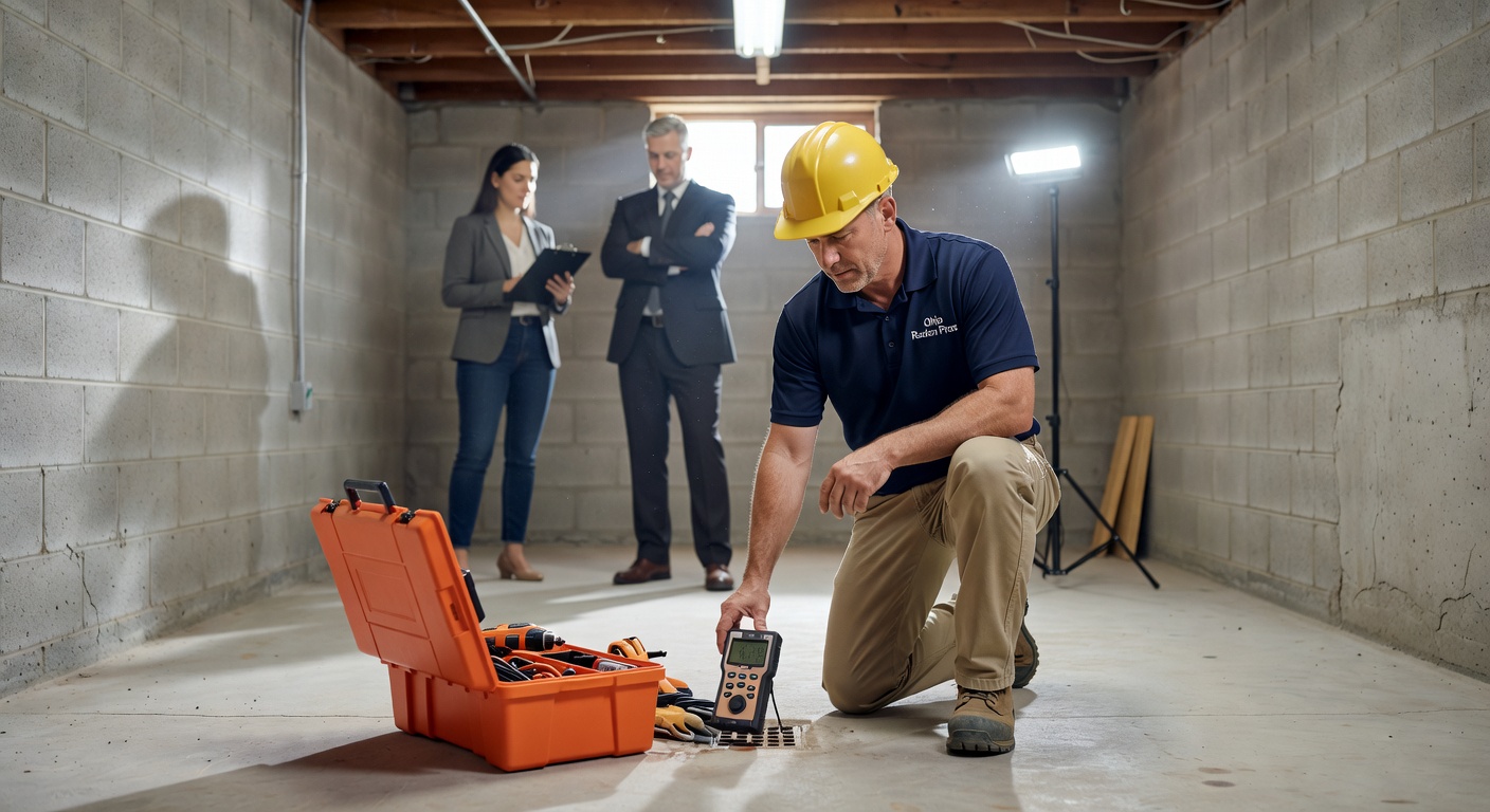 radon mitigation contractor inspecting basement