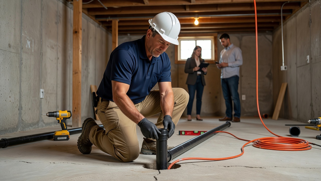 radon technician installing sub-slab depressurization system basement
