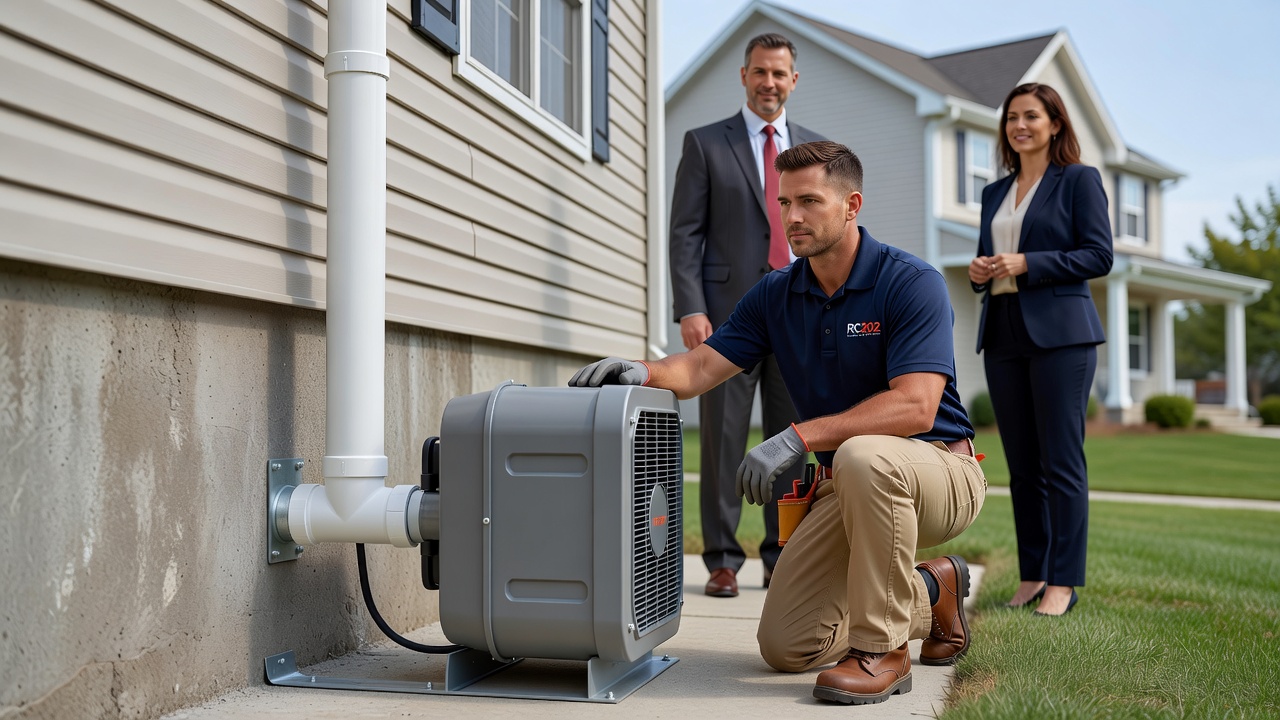 radon mitigation fan and PVC vent pipe professional installation