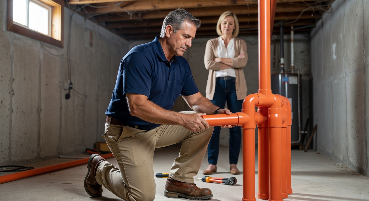 radon technician installing PVC mitigation pipe Ohio home