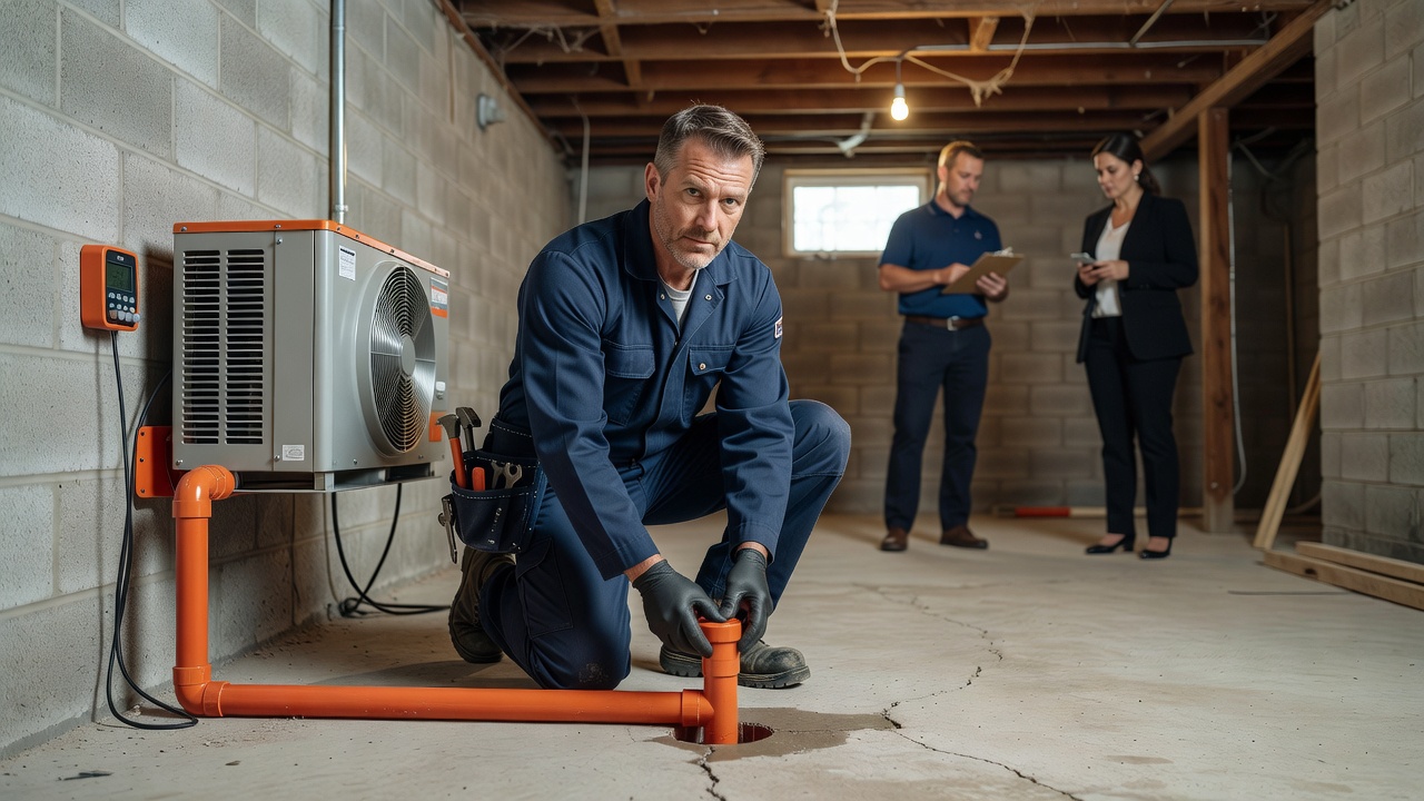 radon mitigation technician installing system basement