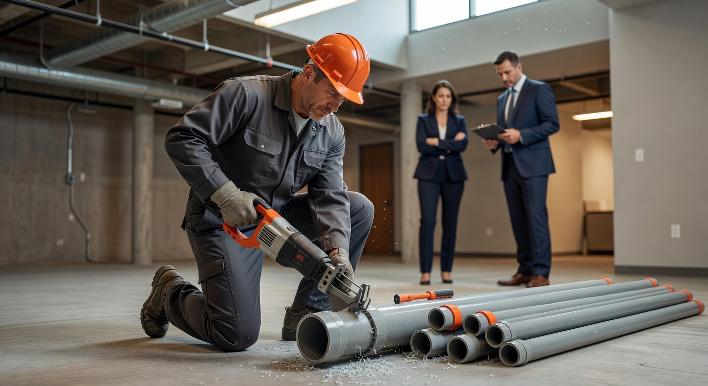 radon mitigation technician installing PVC pipe commercial building