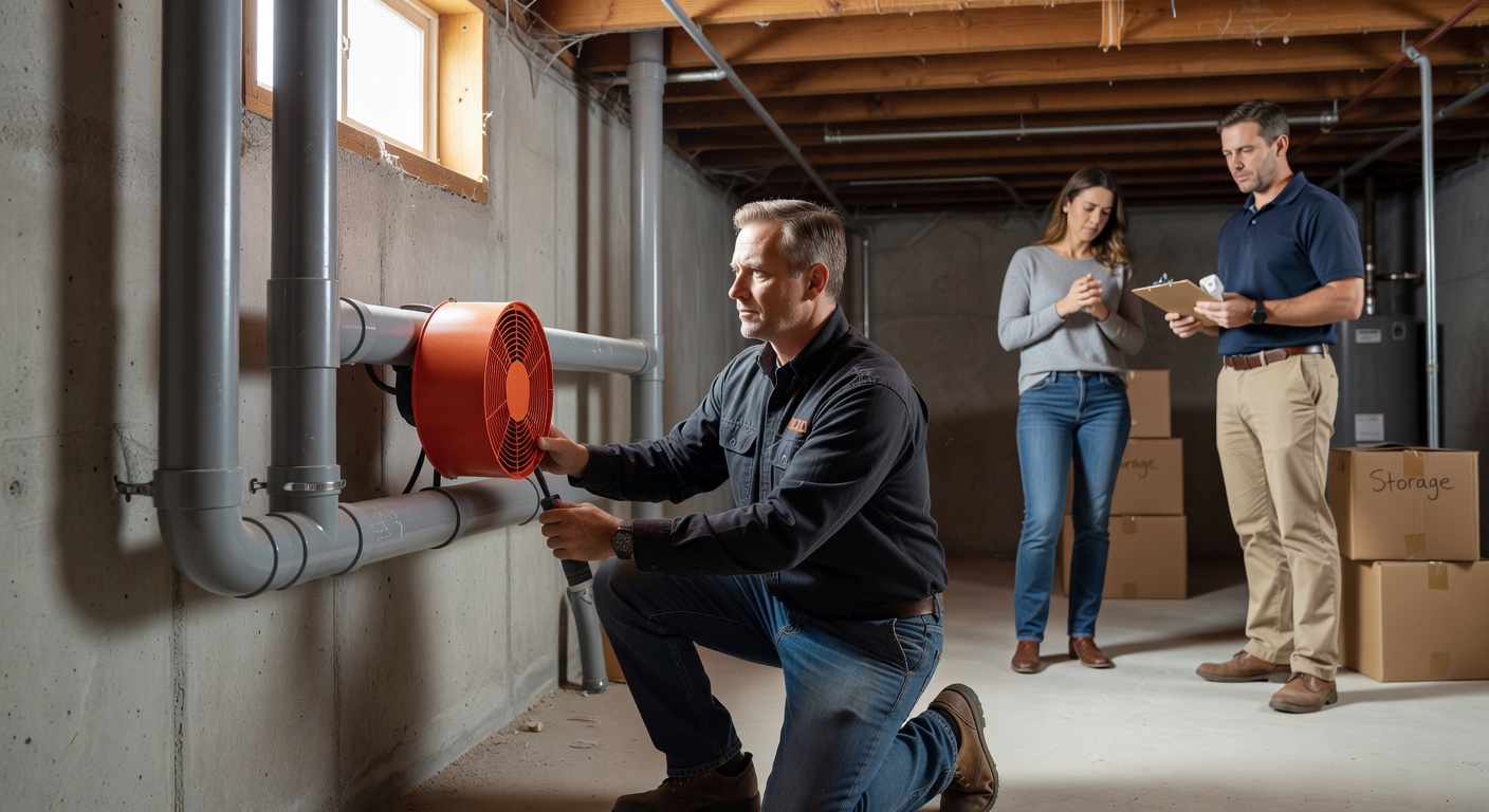 radon mitigation PVC pipe fan installation basement