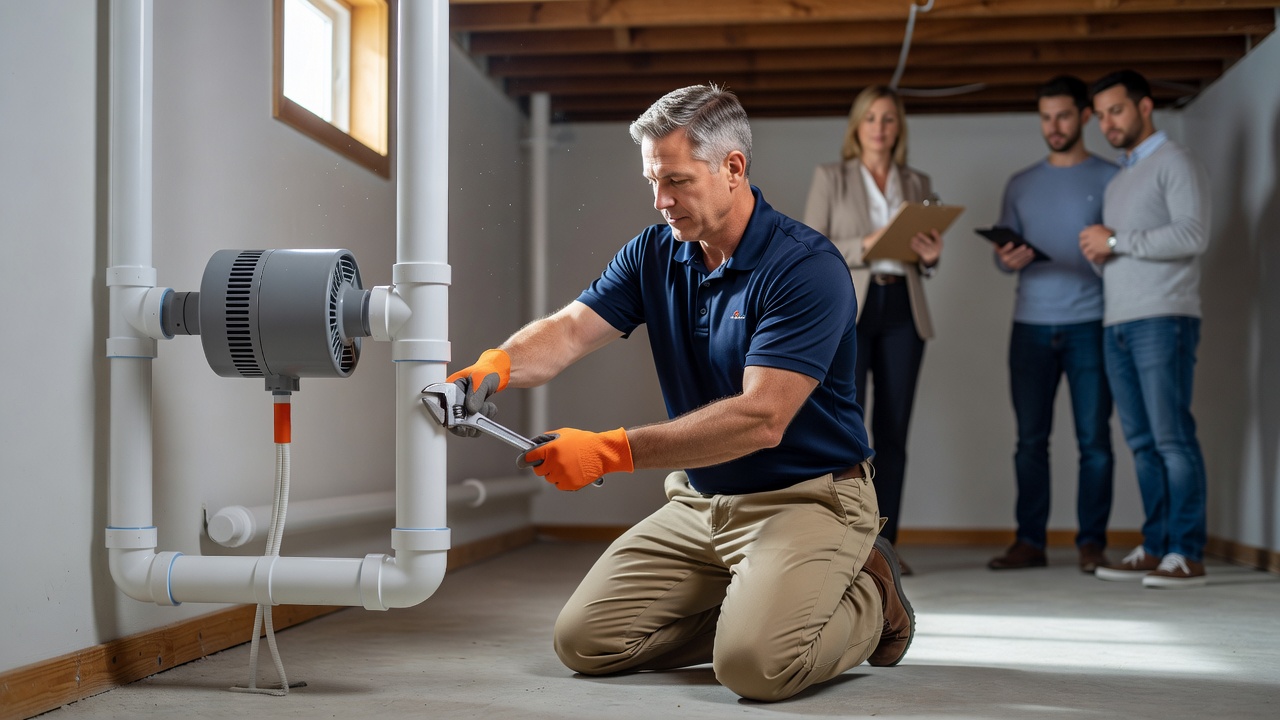radon mitigation fan PVC pipe basement professional