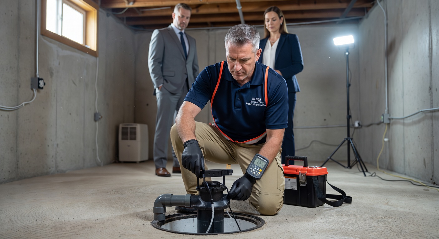 radon mitigation contractor inspecting basement sump pump