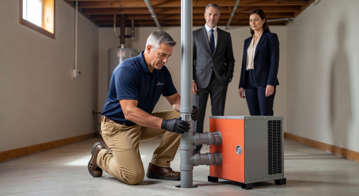 radon mitigation fan and pipe basement installation