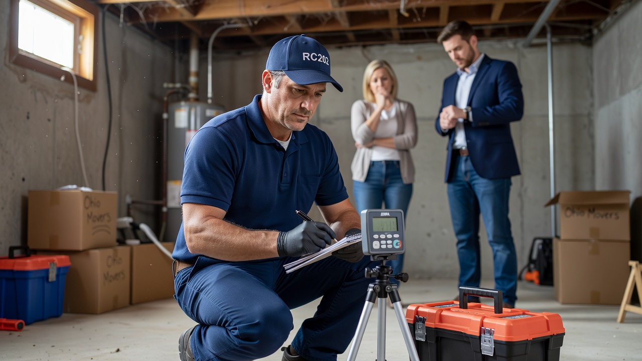 radon mitigation technician inspecting basement Ohio