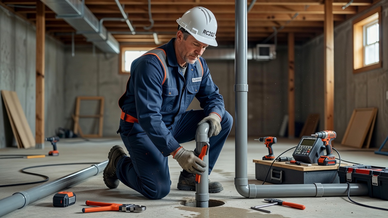 radon mitigation technician installing PVC pipe in basement