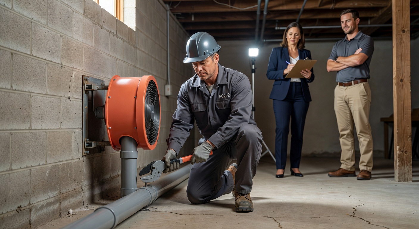 radon mitigation technician installing system commercial property