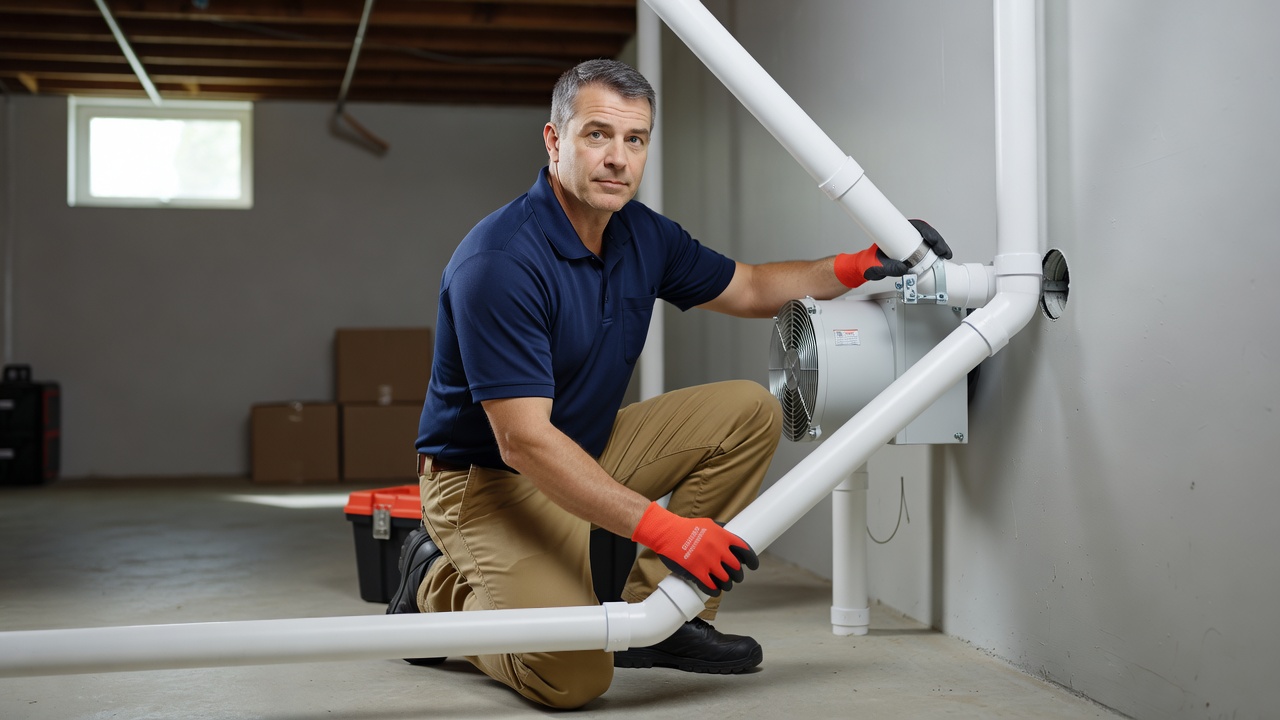 radon mitigation fan PVC pipe basement installation