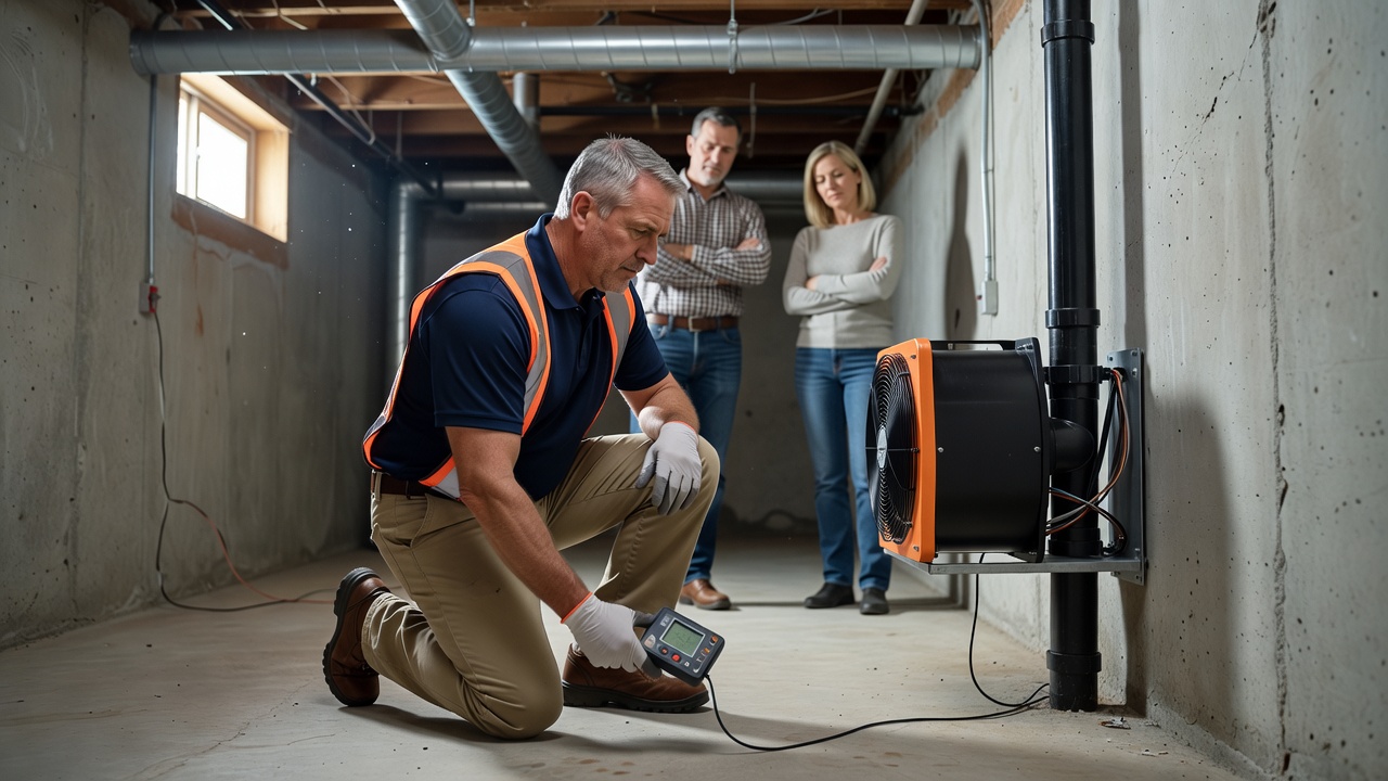radon mitigation contractor inspecting basement Ohio