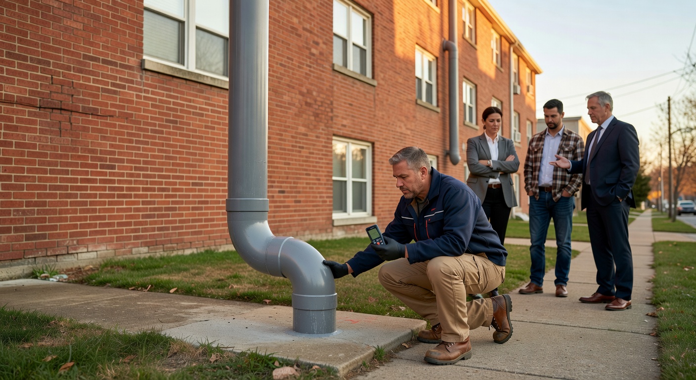 radon mitigation pipe apartment building exterior