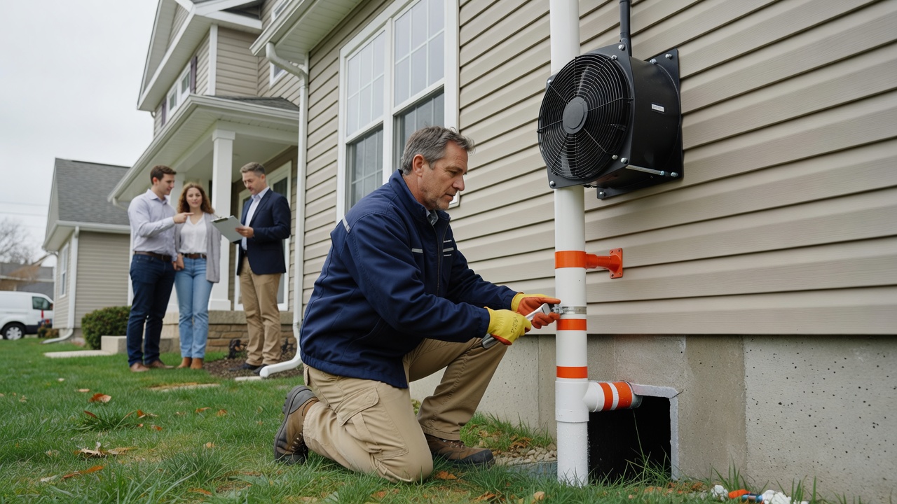 radon mitigation fan pipe exterior installation