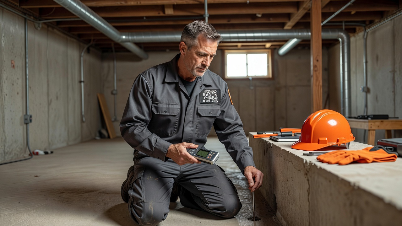 licensed radon technician inspecting basement Ohio home
