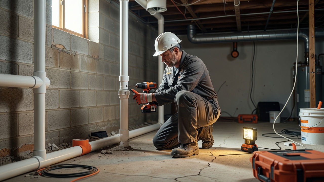 radon mitigation technician installing PVC system Ohio commercial