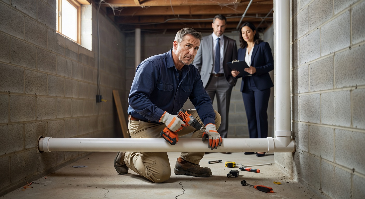 radon mitigation technician installing PVC pipe basement