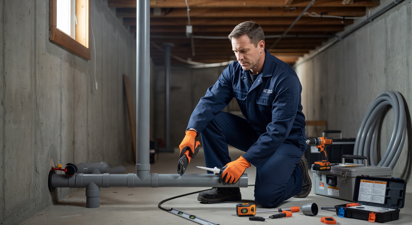 radon mitigation technician installing PVC pipe basement