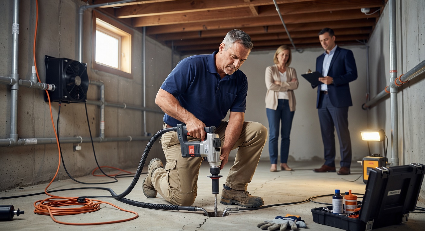 radon mitigation technician installing sub slab depressurization system
