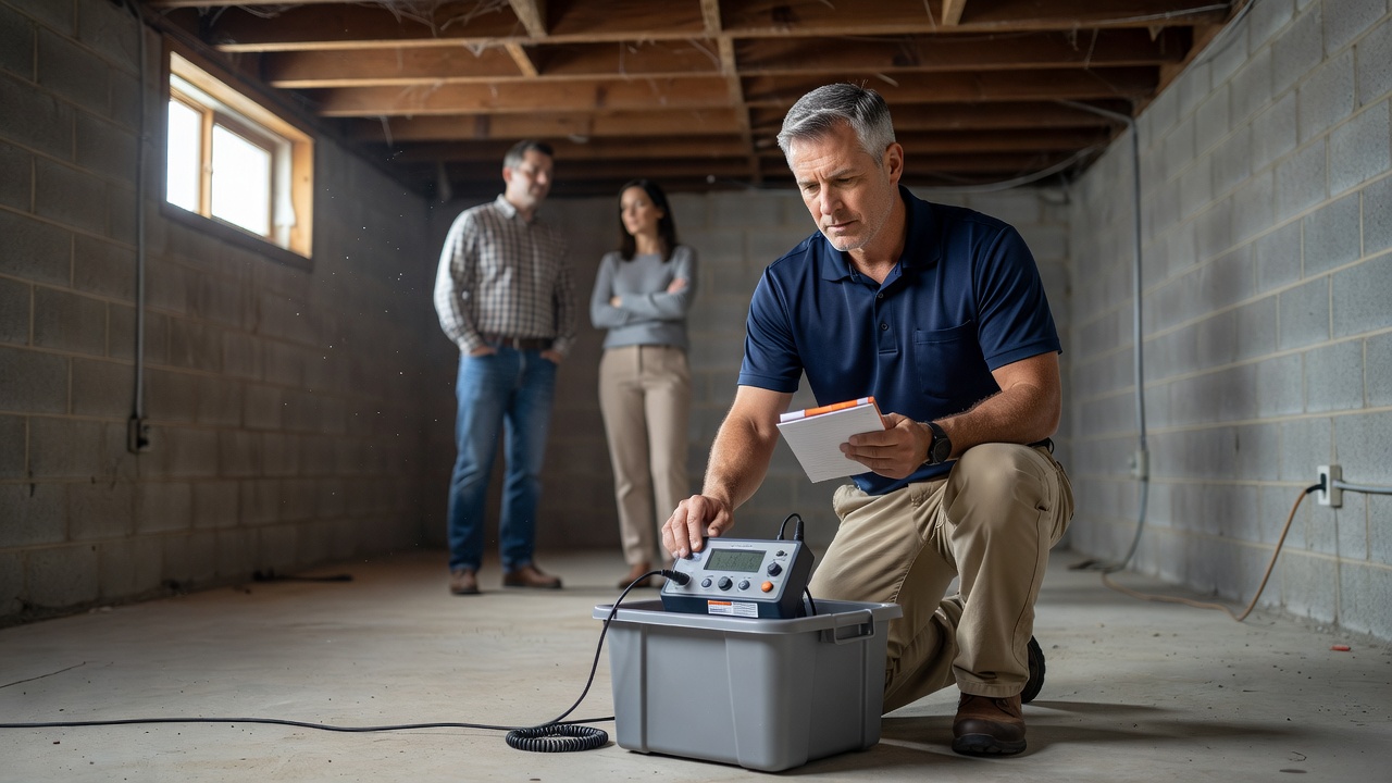 radon technician testing continuous monitor basement