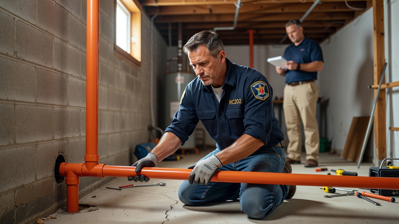 radon mitigation technician installing system basement