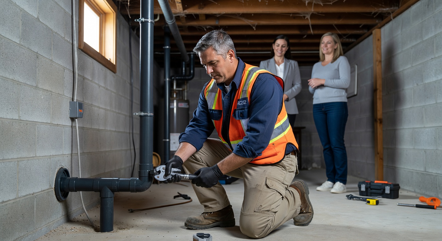 radon technician installing mitigation pipe basement Ohio home