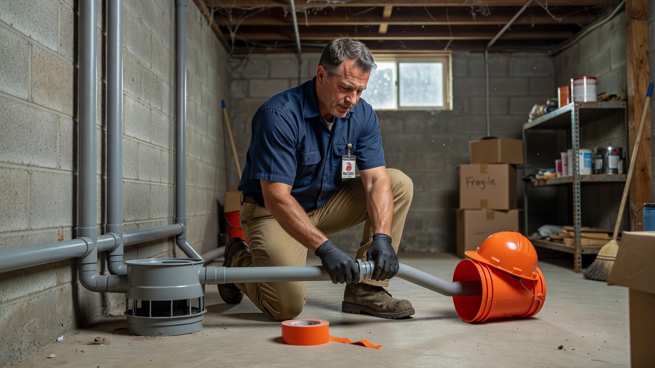 radon mitigation technician installing PVC pipe system Ohio basement