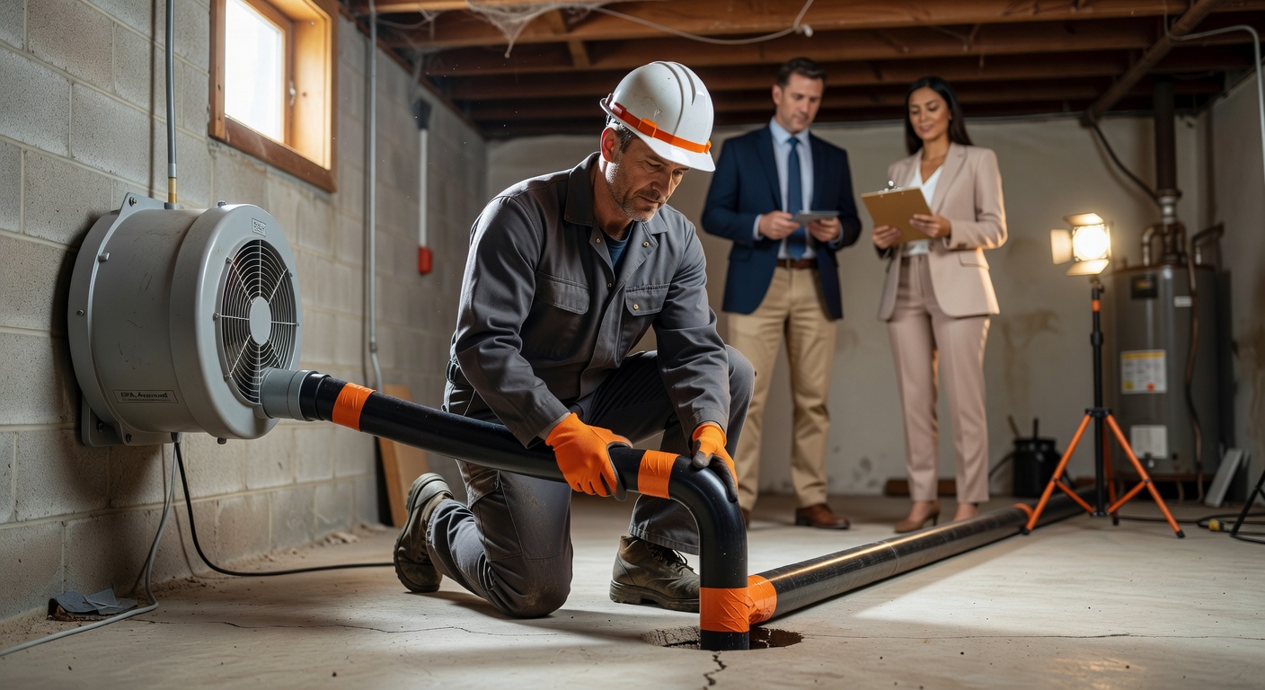 radon mitigation technician installing sub slab depressurization system