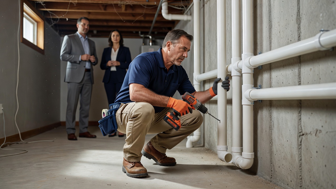 radon technician installing PVC vent pipe residential