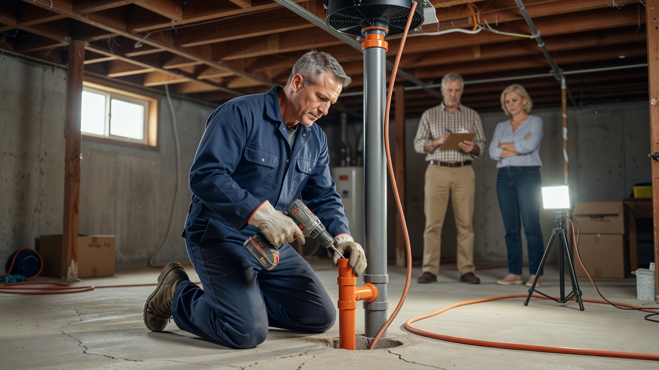 radon mitigation technician installing sub slab depressurization system basement