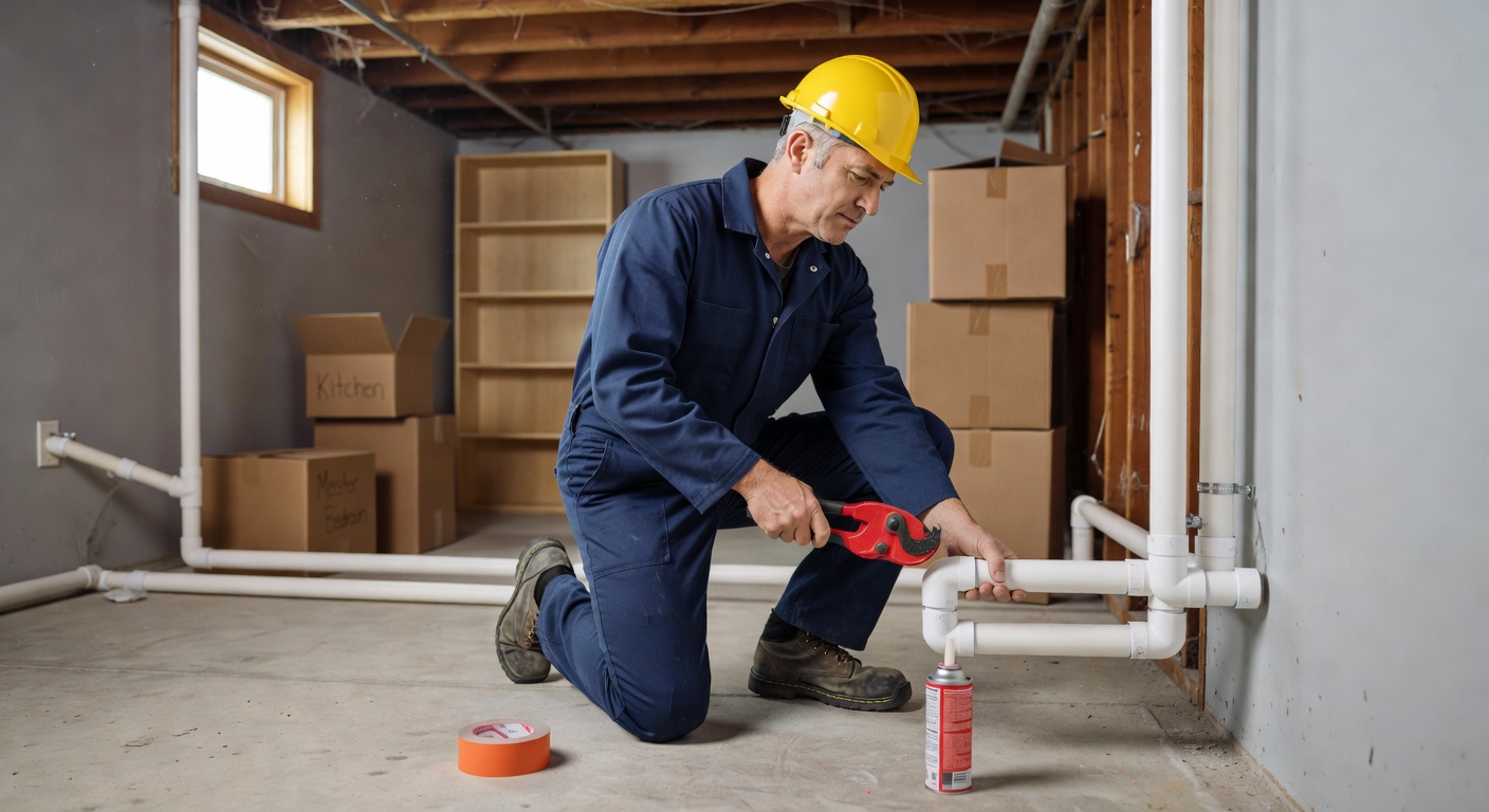 radon mitigation technician installing PVC pipe basement