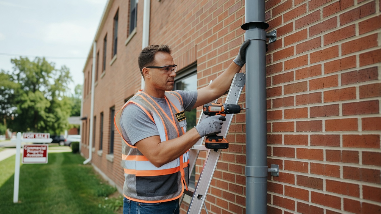 radon mitigation technician installing vent pipe commercial building