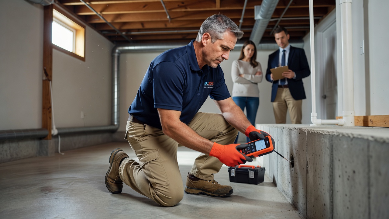 radon mitigation technician inspecting basement Ohio