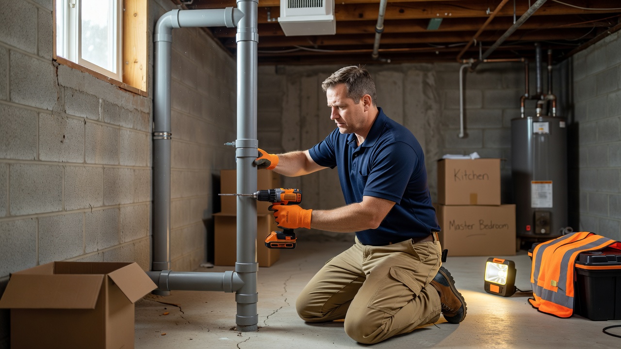radon technician installing PVC pipe mitigation system Ohio home