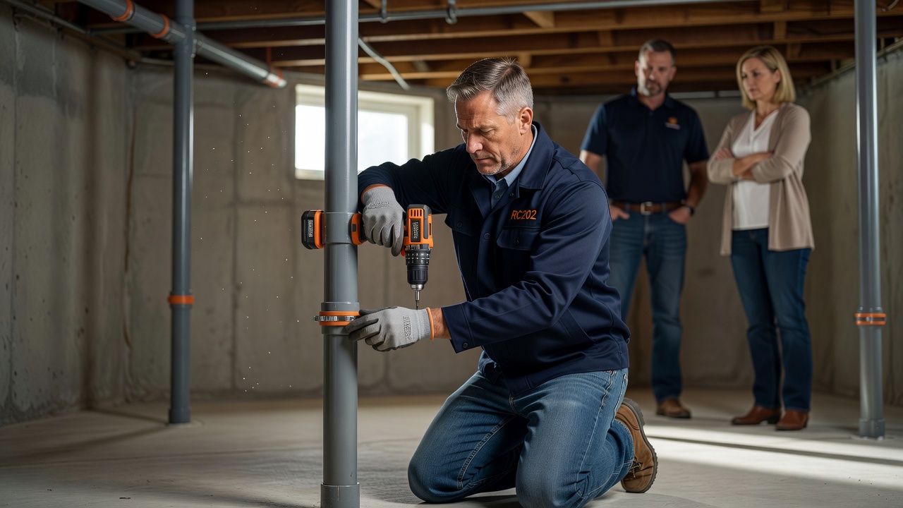 radon mitigation technician installing pipe system suburban home