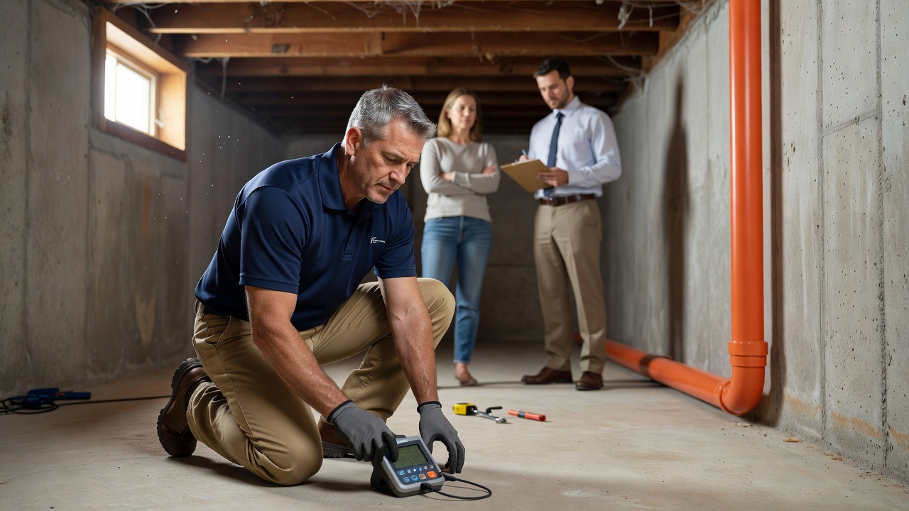 radon mitigation contractor inspecting Ohio basement professional