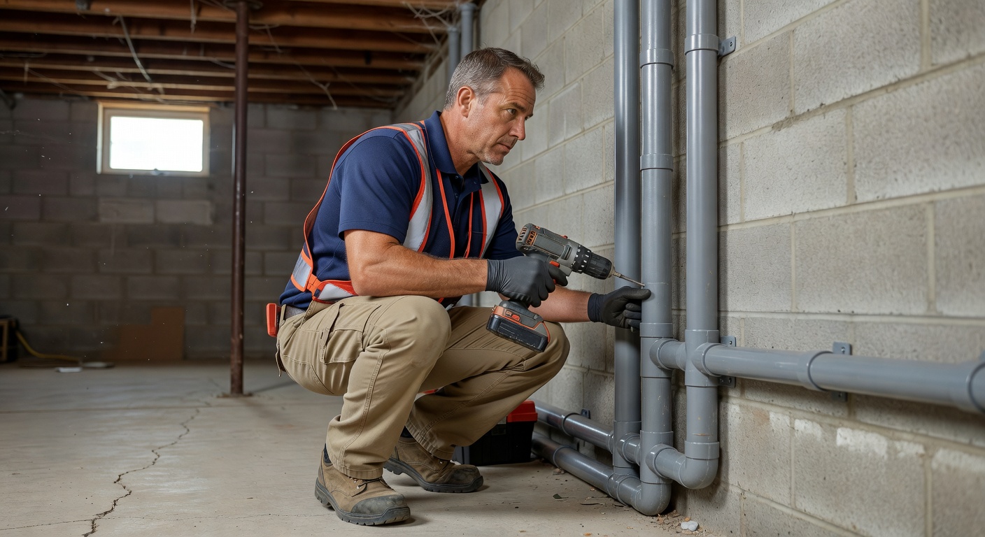 radon technician installing PVC pipe basement Ohio