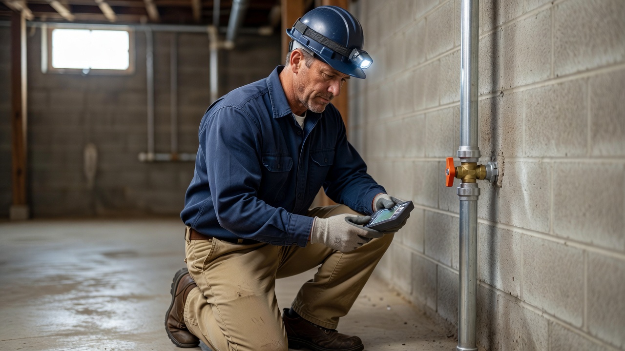 radon mitigation technician inspecting Ohio home basement