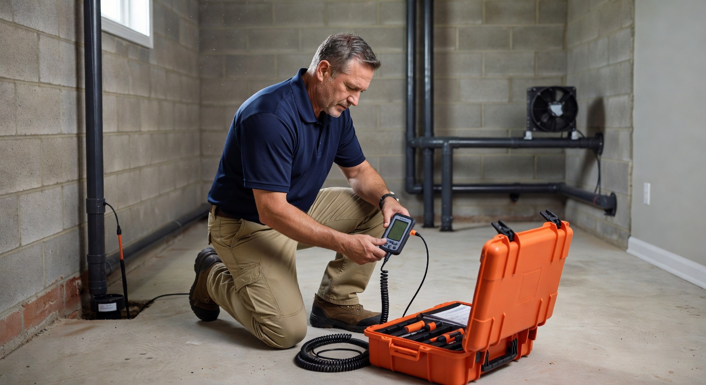 professional radon technician testing equipment home inspection