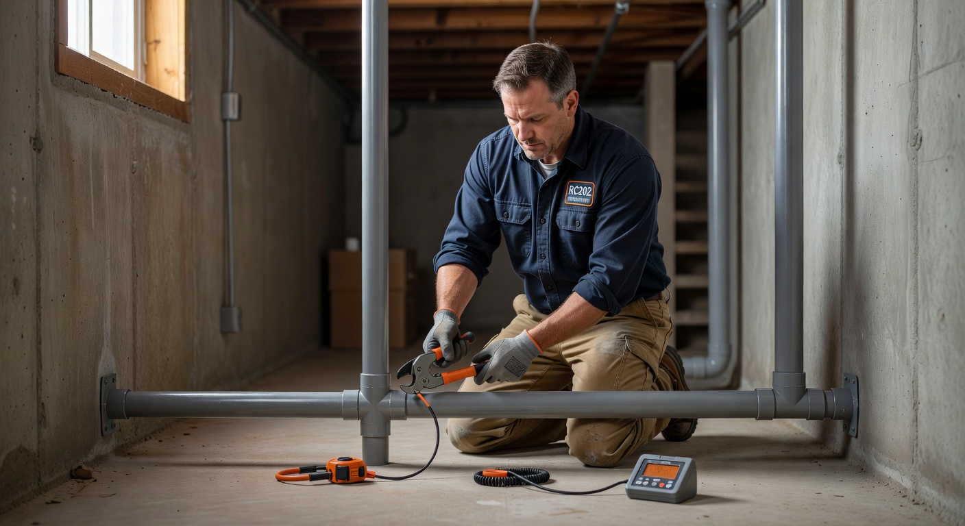 radon mitigation technician installing PVC vent pipe in basement
