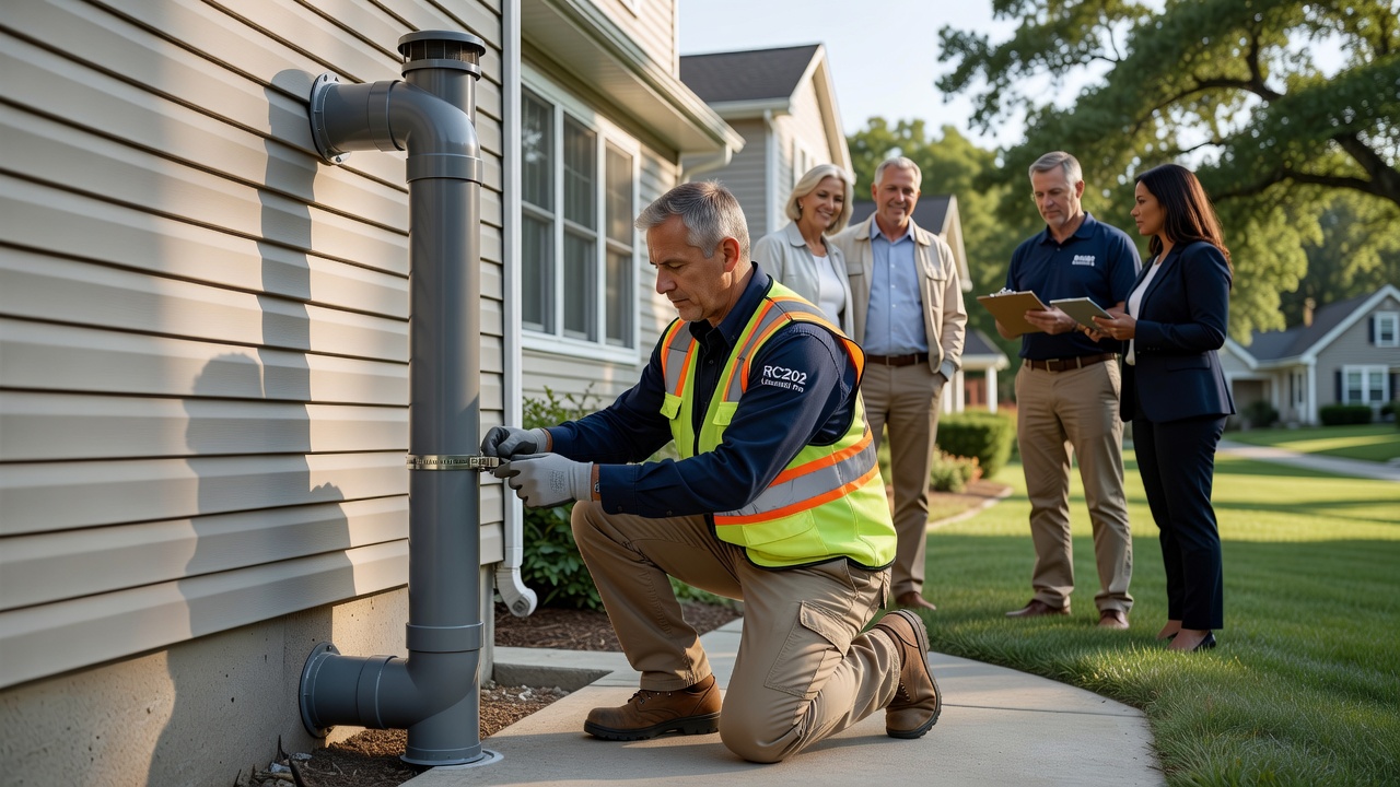 radon mitigation pipe exterior installation suburban home