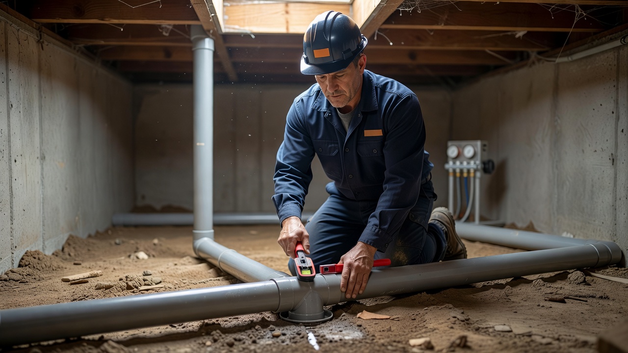 radon technician installing PVC pipe foundation