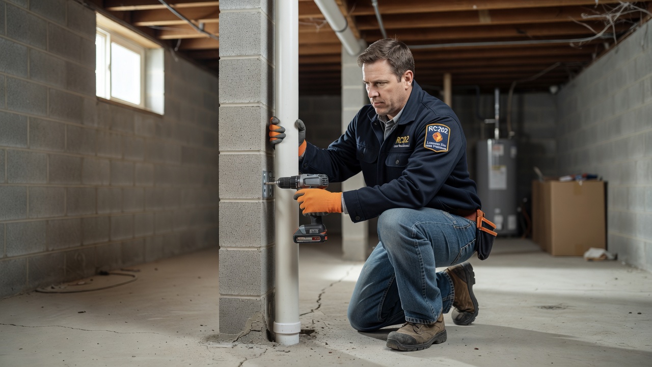 radon technician installing PVC pipe in basement Ohio