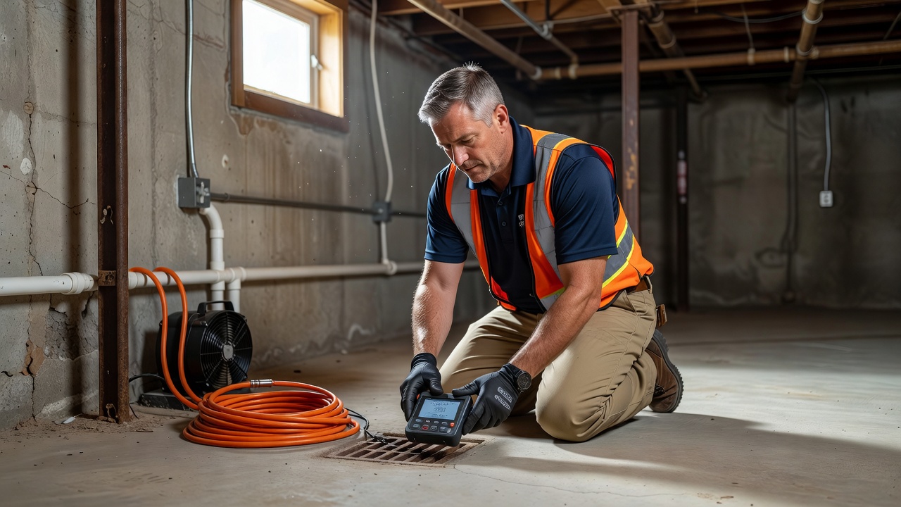 radon technician inspecting basement Ohio home