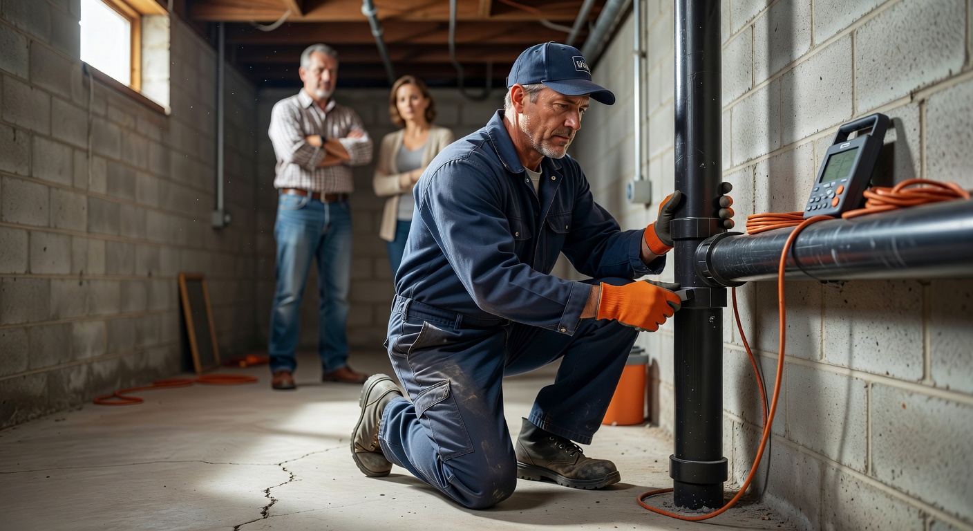 radon technician installing mitigation pipe Ohio basement