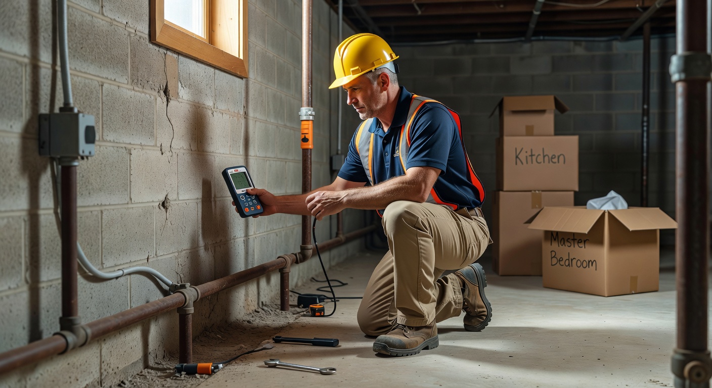 radon technician inspecting basement foundation Ohio