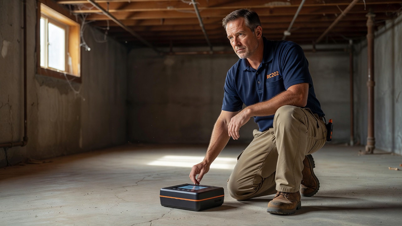 continuous radon monitor device on basement floor
