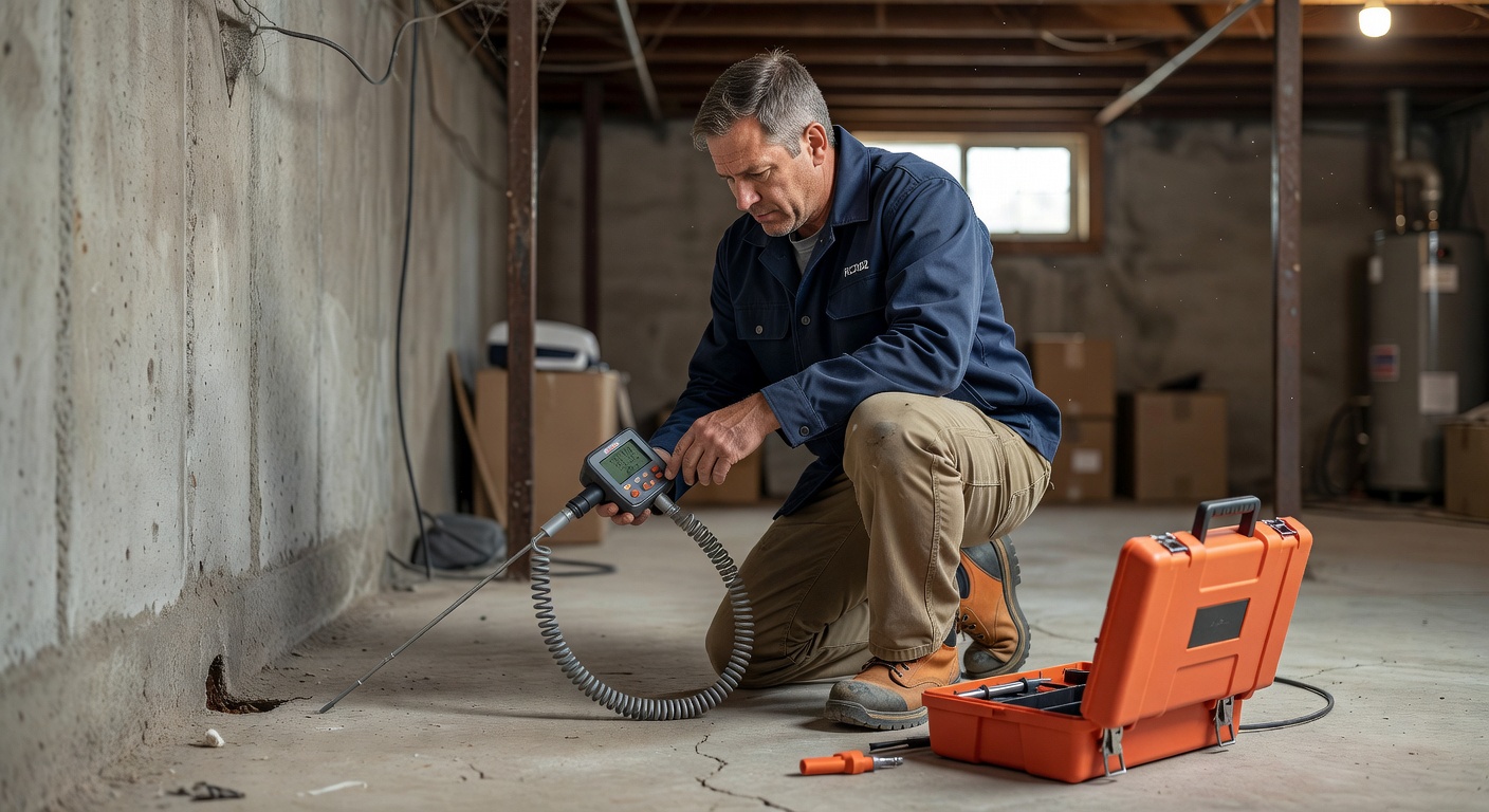licensed radon contractor inspecting Elyria Ohio home basement