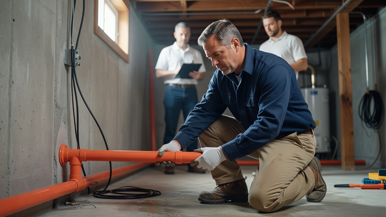 radon mitigation technician installing PVC pipe basement
