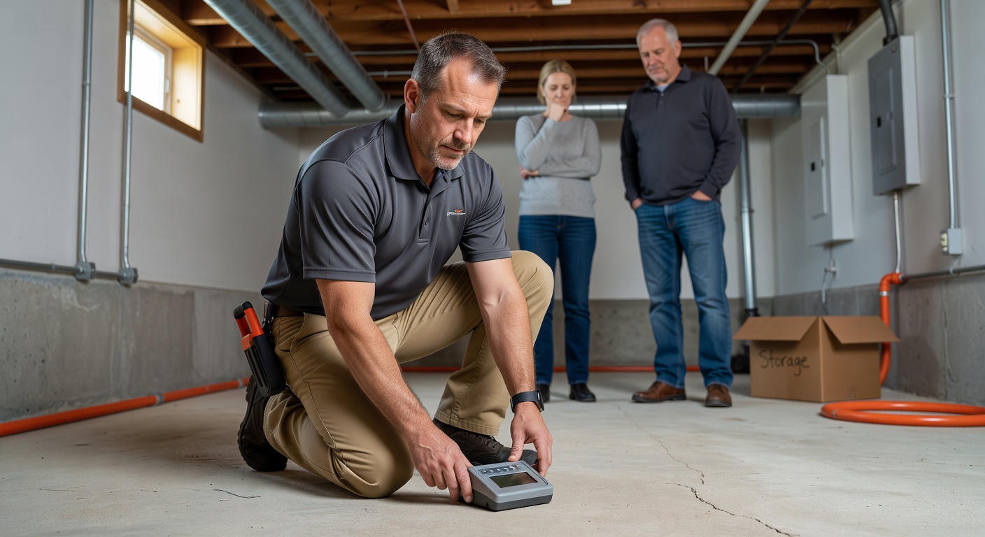 radon technician inspecting basement South Solon Ohio